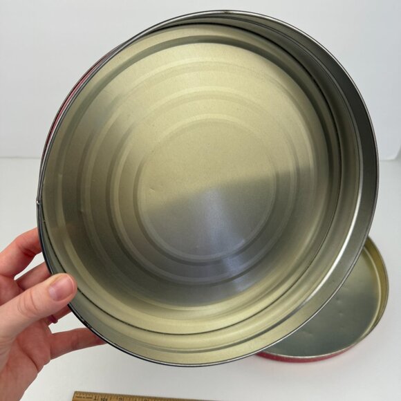 Vtg Round Metal Tin Teddy Bear Happy Holidays Red w Polka Dots 10in Diameter - Picture 6 of 13